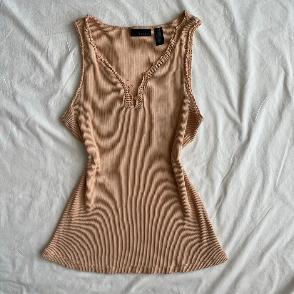 Y2K Ribbed Tank Top 100% Cotton Tan Color - Size L